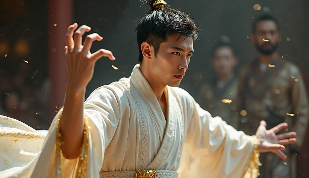 Kindness, Highest quality:1.4),(Absurd, High resolution, Super detailed:1.2), (1 handsome man:1.4),(using dark magic:1.4), Hair tied up, magic,Playful illustrations, Imaginative Overlays, Artistic Fusion,Great scene, moving story, Impressive visual effects, trunk, 不思議な光が浮かぶmagicの鍵を持っている, Money is flying