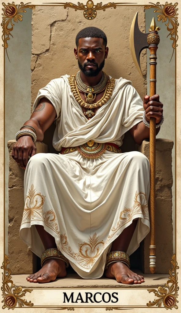 A noble man/priest in the time of Ancient Egypt, with dark brown eyes and hair, with a lot of use of gold necklaces and rings. A white tunic as clothing that would cover the entire body and a leather sandal as a shoe.