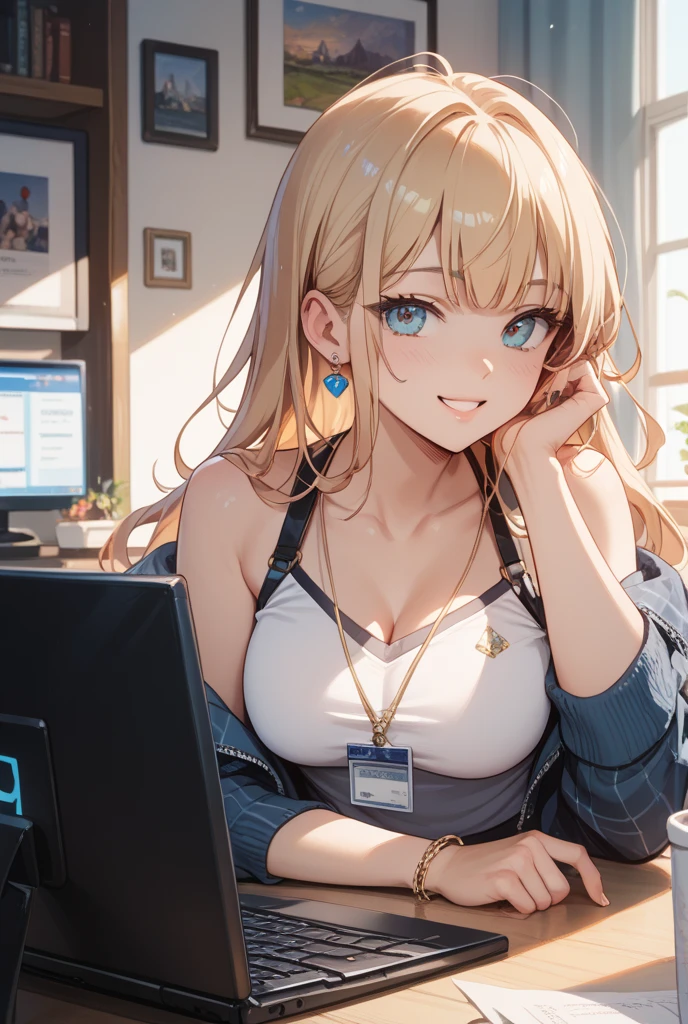 (high resolution,high quality)anime、Beauty、cute、Stylish、ponytail、Sexy、View your viewers、smile、In a beautiful house、computer、Working