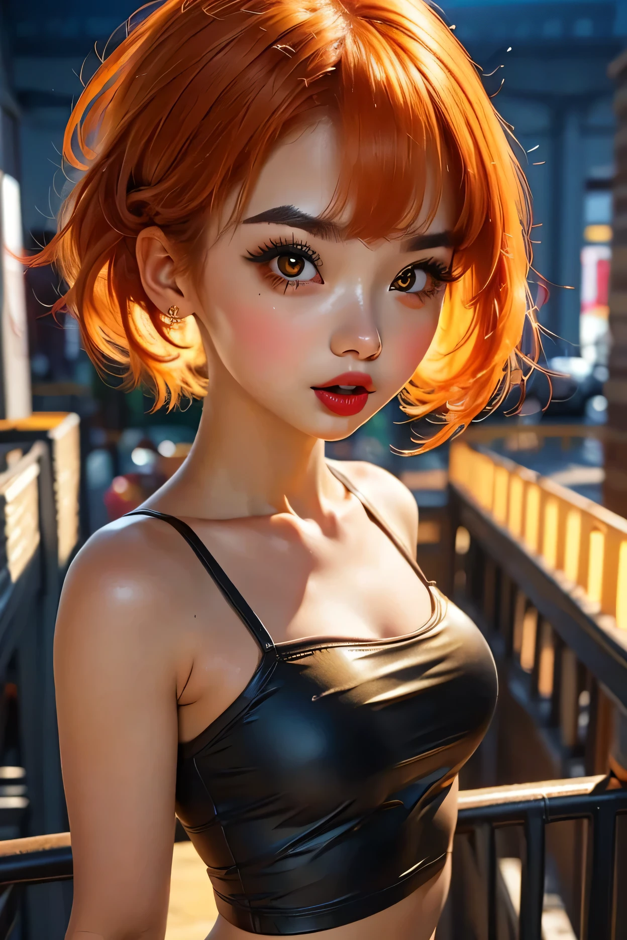 (cityscape), 1girl, ((short hair)), ((orange hair)), ((black eyebrows, thick eyebrows)), ((glowing golden eyes)), ((big eyes)), ((thick lipstick)), ((perfect face, beautiful girl)), ((female muscles, abs)), (tube top, black tube top), from side, looking at viewer, ((surprised, open mouth))