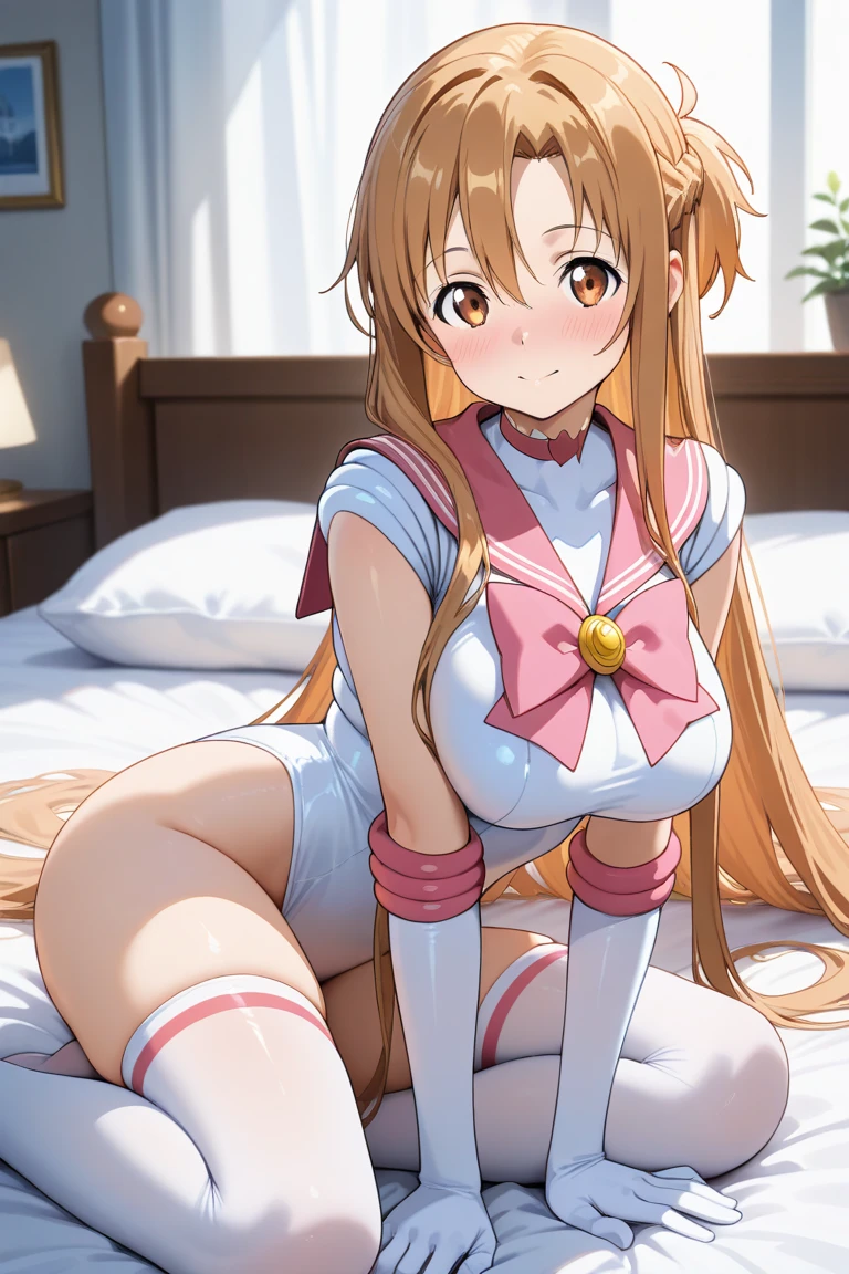Anime girl in high heels and glasses is covered with stockings, 1girl in, breasts, Solo, Long hair, Brown hair, Covered navel, Looking at Viewer, Leotard, Glasses, semi-rimless eyewear, Large breasts, Arm up, Cameltoe, Twin-tailed, Long sleeves, Smile