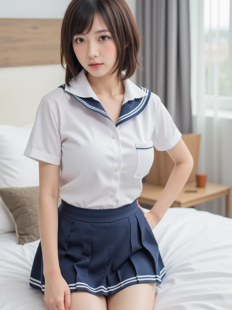(masterpiece:1.2), Japanese, (), (a girl),  room, (school uniform), thighs, on a bed, (tits), short sleeves, various hair style, 