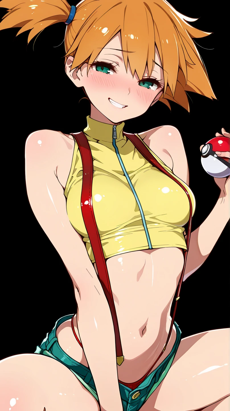 Vivid colors,Brown Hair,Big collar、A garment with an open chest design,Exposed breasts,Pants with no fabric in the crotch area,Exposed pussy,(beige skin,Beige breasts,Beige thighs,Pink nipples,)Light blue eyes,A picture of a woman holding a monster ball, Pokemon Misty, Gainax Anime Style, Also, Masamune Shirow, Inspired by Rei Kamoi, inspired by Un'ichi Hiratsuka, Singey, Cool pose, dramatic Grin pose, Female protagonist 👀 :8, Grin, rei hiroe