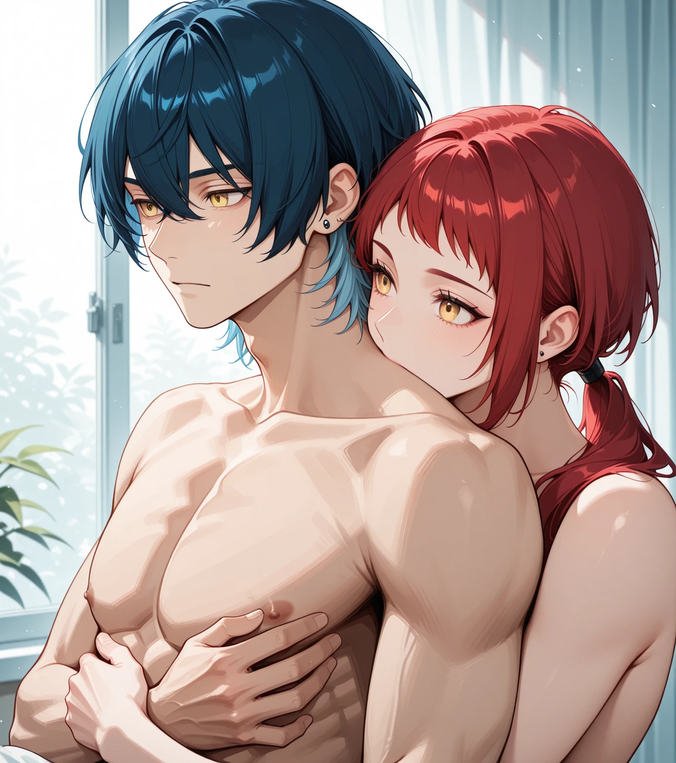 (Best Quality,4k,8K,hight resolution,Masterpiece:1.2),Ultra-detailed,(Realistic,Photorealistic,photo-realistic:1.37),Fantasy,a boy and a girl(rinko_iori, naked body, huge breasts), Standing side by side,Boy with short red hair,Girl with long dark blue hair,Location in the courtyard. Naked body. Nude. em. in a bedroom,. the kiss. Guy kisses girl. The girl tries to resist by pushing the guy's chest, but it's no use.. GIRL LONG DARK BLUE HAIR. Guy with red hair. ((Guy with red hair)) A guy with short hair. the kiss. Dynamic posture. Pumped Up Guy. forced kiss. Passionate kiss