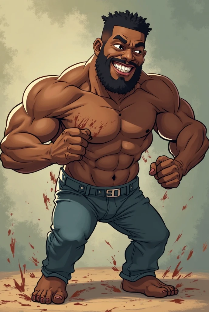 Handsome muscular shirtless bald brown bearded man laughing tied in strappado bondage position laughing, abs touched and tickled by group of handsome muscular lumberjacks, abs tickling, armpits tickled, armpit tickling, forest  background 