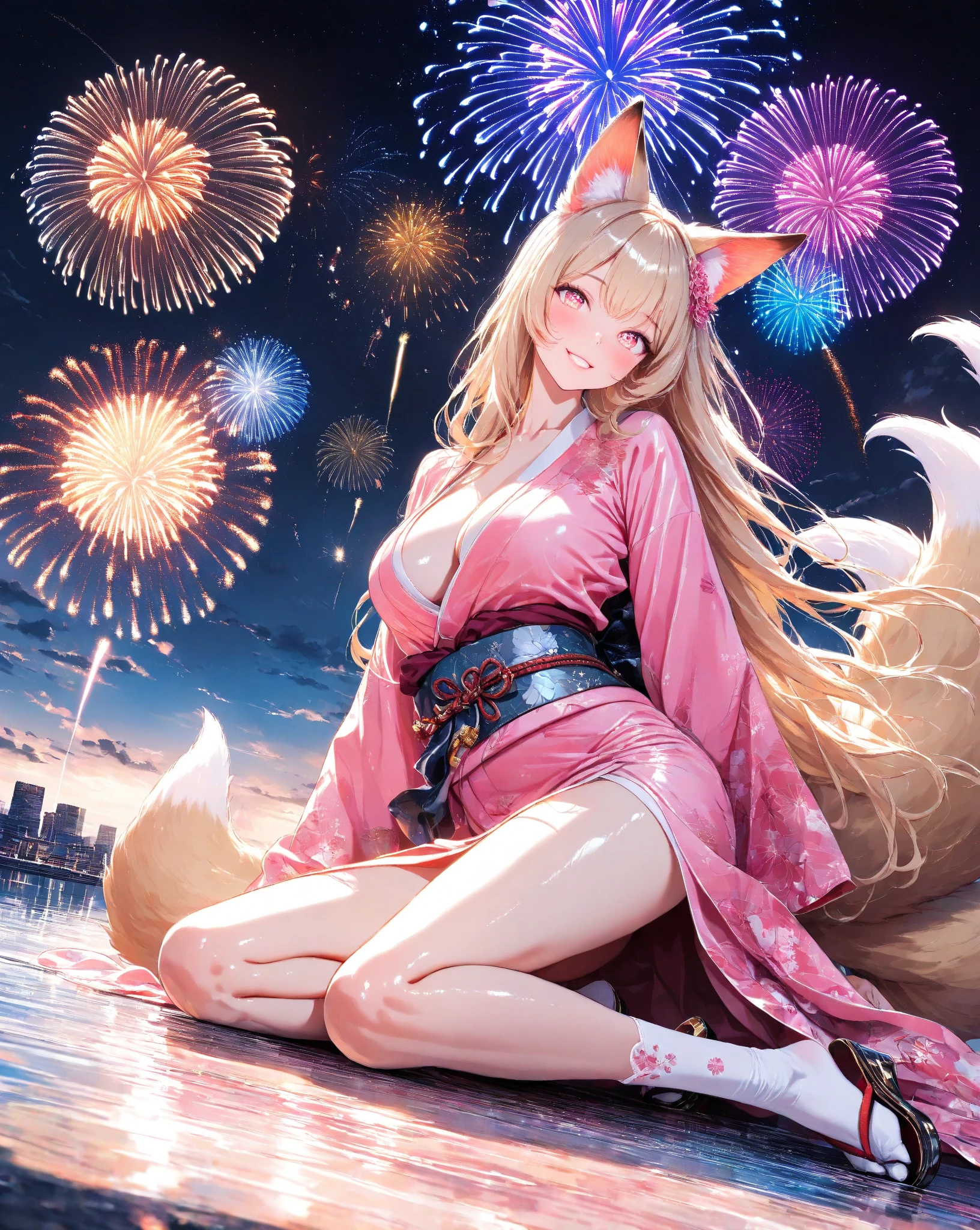 (score_10,score_9, score_8_up, score_7_up), 1girl,full body,night,fireworks,sitting,fox ears,summer,summer festival,lotus,bare shoulders,sweat,orange hair,brown eyes,medium breasts,very long hair,big hair,(barefoot),full moon,veranda,sake bottle,off-shoulder japanese clothes,collarbone, cleavage ,slit pupils,anklet,toes, colored shadow, toenails,hands on own chest,purple and yellow clothes,hair flower,moon,star \(sky\), breast suppress,