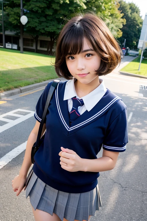 High school girls、Navy blue sailor suit、Navy blue mini pleated skirt、、Small breasts、Bobcut、Returning home、Outdoor、Panty shot、