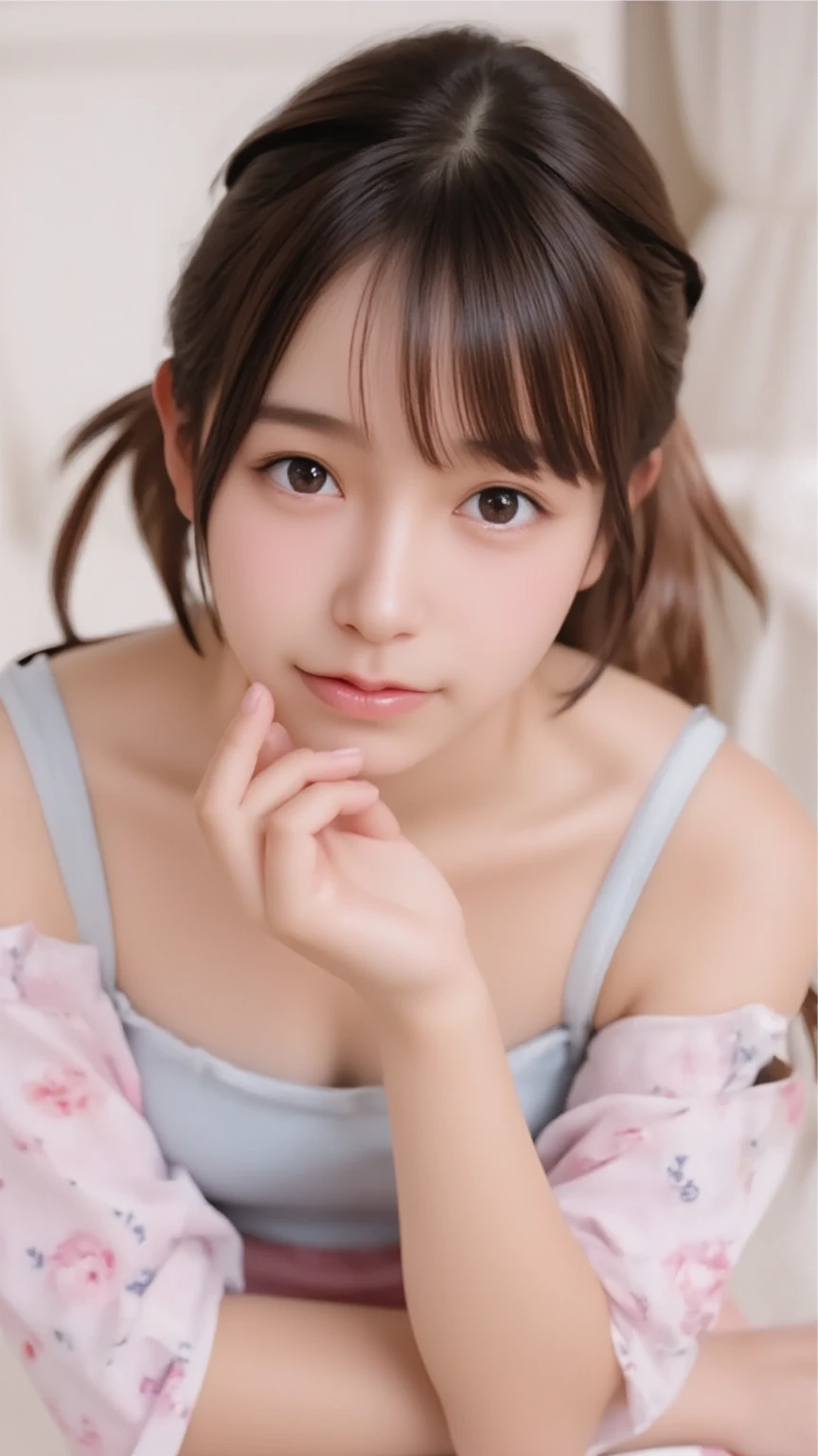 (detailed face, Cute face,Brown Eye),masterpiece , highest quality , detailed, Tank top , (((Kneel))) , Show your hand , Underarm , Japanese , smile , whole body , room , indoor、(Cute hairstyles)