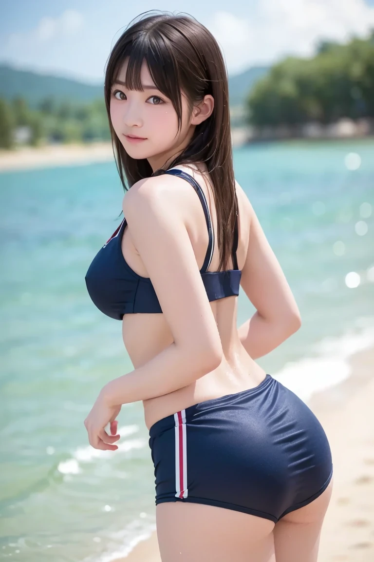 ((Best-quality, Masterpiece, Ultra-High-Resolution, (Photorealistic:1.4), Raw Photo, depth of field, professional lighting)), 1girl, 12-years-old, the most famous Japanese idol, looking at viewer, innocent smile, (booty-pose, upturned ass), ((wearing only childish-bikini with childish-patterned)), (extremely cute and extremely childish face, ((extremely cute and extremely big black-round-eyes)), extremely cute black-long-hair, ((extremely beautiful and extremely realistic skins)), extremely cute long-eyelashes, extremely cute lips, (extremely childish body, extremely childish hip, extremely childish butt, extremely childish thighs))