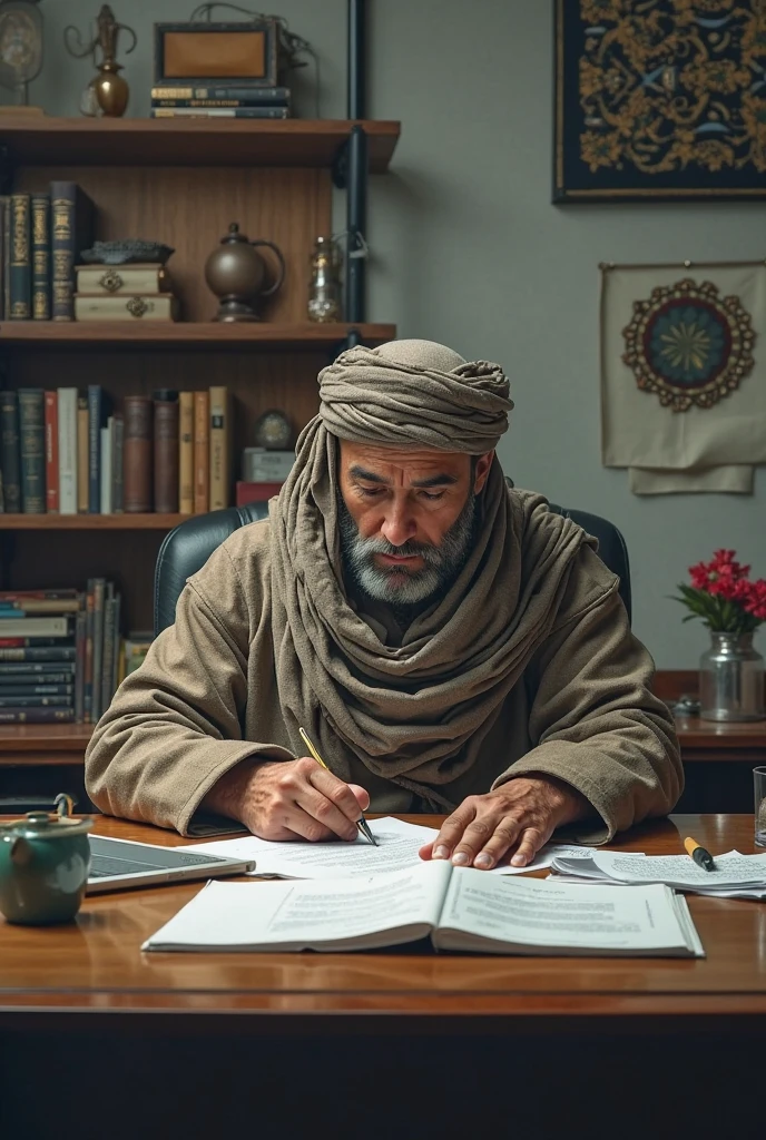 Dr Zakir Naik Intimate Study: Dr. Zakir Naik seated at a desk, surrounded by books and papers, deep in thought.