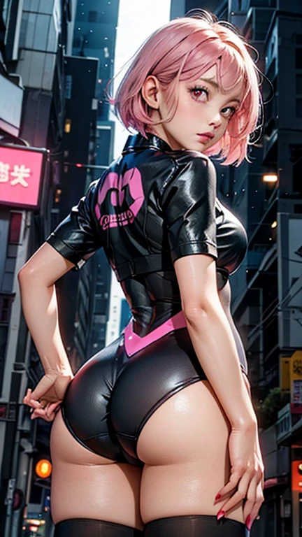 realistic, realistic details, detailed, (((1 girl, xlcb, cosplay, lucy (cyberpunk), short hair, bangs, medium breast, multicolored hair, highleg leotard, cyborg, cropped jacket, open jacket, shorts, thigh high, perspective, blurry background, depth of field, sharp focus, focus on face, full body, outdoor, cyberpunk, night, looking at viewer))) (ulzzang-6500-v1.1:0.3)