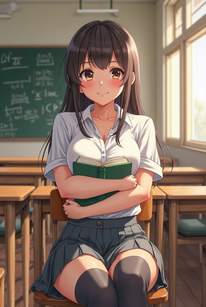 best god quality, Ultra-detailed, perfect Anatomy, (Draw a tomboy excitedly at a inside a college library), 1girl, is a excited beautiful tan girl, tomboy aesthetic, dark skin girl, tanline skin, (dark skin*2), (long black + wavy hair*1.2), (school girl outfit*1.2), Full limbs, complete fingers, groin, Beautiful hazel eyes, well-proportioned tan tomboy, smug eyes, student clothing, in a library, High resolution, Best lighting by professional AI, college library, studying students, looking at viewer, (((One girl in middle))), (((SOLO))), (library in background)