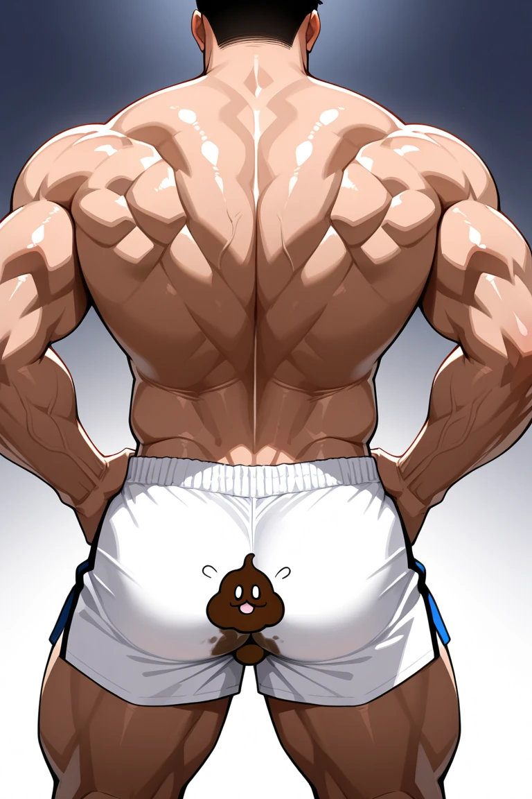 1man,masterpiece best quality, Chubby, Belly, Round face, from behind, messy hair, nipples, robe, Simple white background, chubby body, round belly, saint, young face, clean shave, short stature, wet bulge, shy, baby face, thick butt