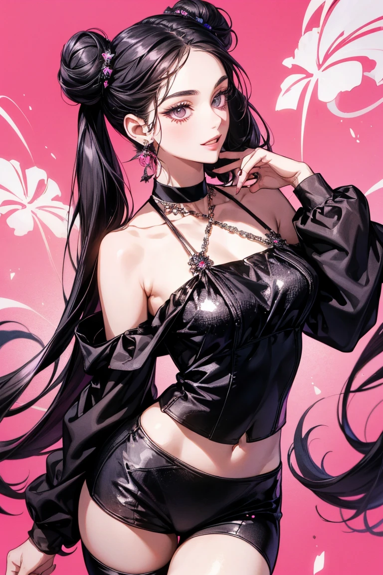 tsuruta ichiro, ichiro, 1girl, solo, cowgirl, hat, jeans, revolver, sunglasses, ((medium tits)), smile, (super long hair:1.2), blue grey eyes, random color hair, gloves, dress, bare shoulders, jewelry, upper body, earrings, black gloves, elbow gloves, hand up, random color, random color dress, from side, black headwear, makeup, lipstick, sakura petals pattern, bamboo leaves pattern, rim light, back light, pastel color,