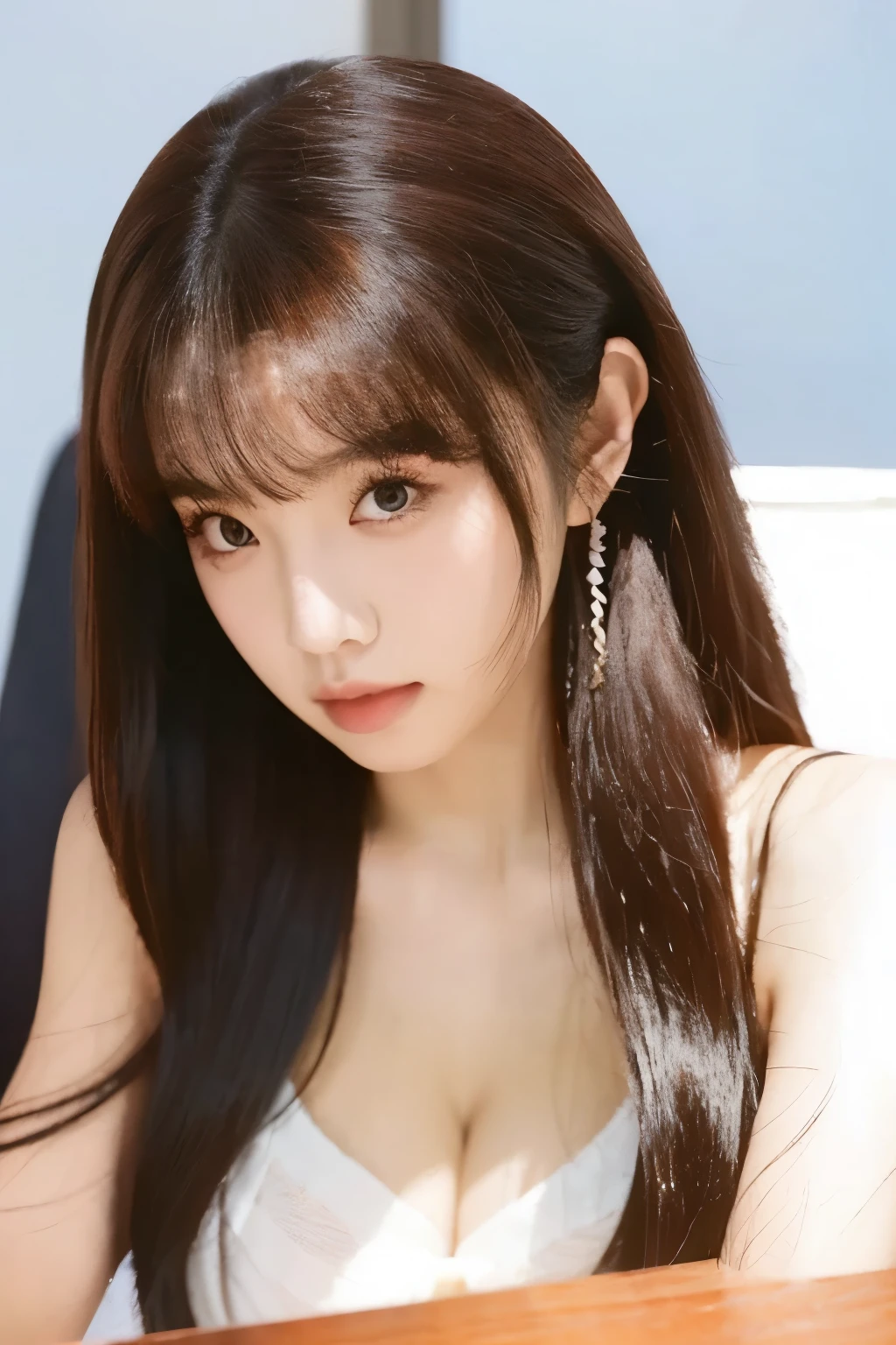 extreme close-up of beautiful Chinese female, big nose, wavy hair, 38 inch breasts size, necklace, wearing white latex tank top, sitting in terminal lounge, bokeh background, UHD