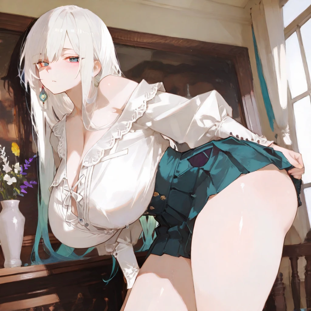 1girl, solo, butterfly hair ornament, panty pull, pussy, long hair, panties, hair ornament, underwear, black dress, nipples, colored eyelashes, breasts, blush, dress, looking at viewer, hair between eyes, black capelet, capelet, white panties, white hair, ass, outdoors, anus, mosaic censoring, leg up, open mouth, sitting, breasts out, long sleeves, censored, grass, day, bangs, black footwear, medium breasts, striped, very long hair, sky, brown eyes, ((medium quality)), ((medium quality))