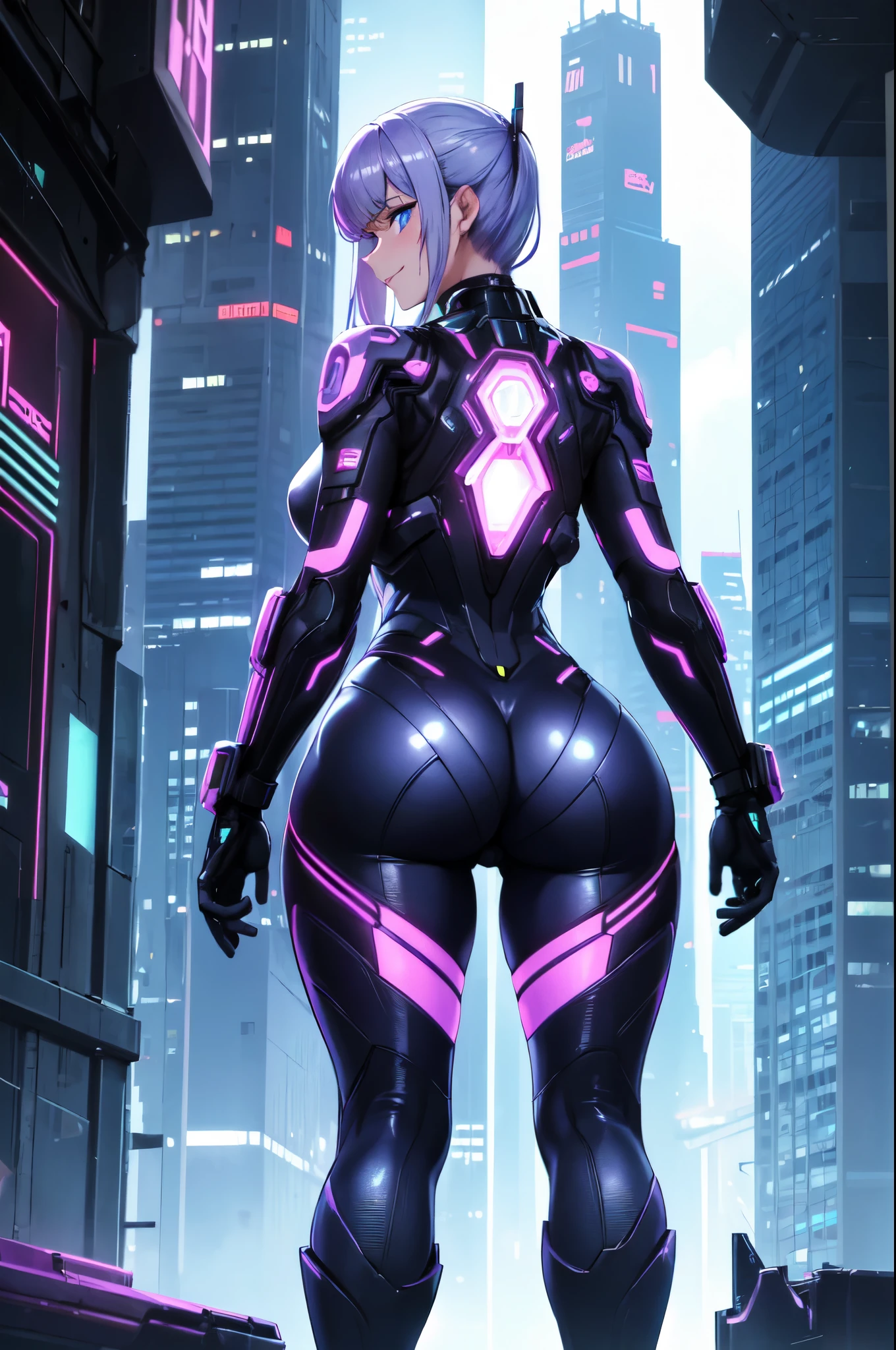 (full body), (alone), Ultra alta qualidade, maximum definition, 8k, Arcee (Transformadores: War for Cybertron), (identical to the series), (head identical to cartoon), (cyborg), totalmente humanizado, human skin, Rosto detalhado, Olhos detalhados, robotic body, Human-robot transition, robotic and human, (Synthetic skin), quadris largos, coxas grossas, bunda grande, sexy, fazendo pose, sorriso malicioso, (side view), bumbum empinado