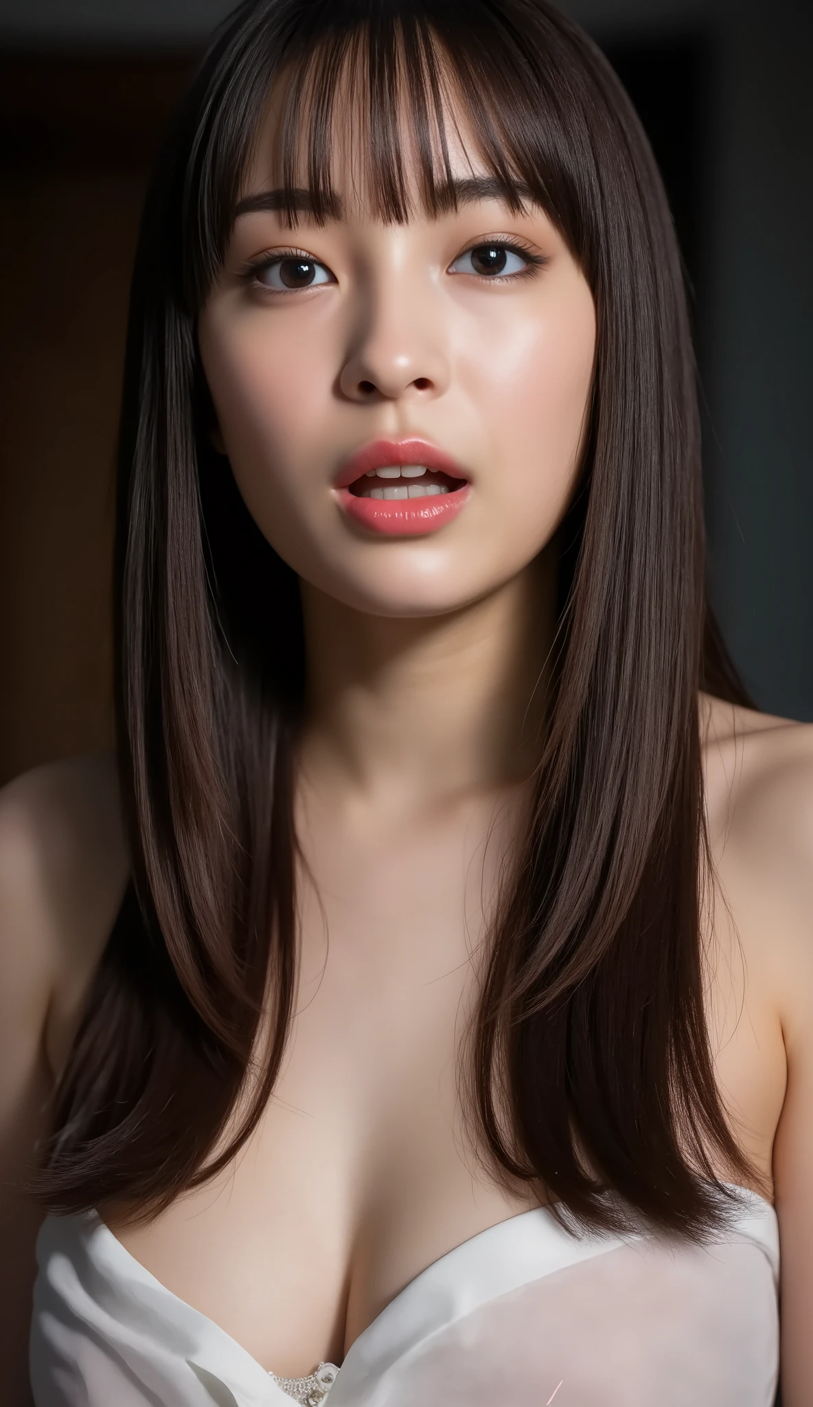Fashion model 20 years old [[[[closeup cleavage]]]], [[[[boobgasm]]]], [[[[coll]]]], [[[[bshoulders]]]], perfect  eyes, Perfect iris，Perfect lips，perfect teeth，Perfect skin，Long face，slender nose，Soft front light，hdr，Movie girl，Casual，long whitr hair，Long hair with a shawl，Long hair like a waterfall，Bedroom in the background,get down on the bed，（pastel colour：1.2）