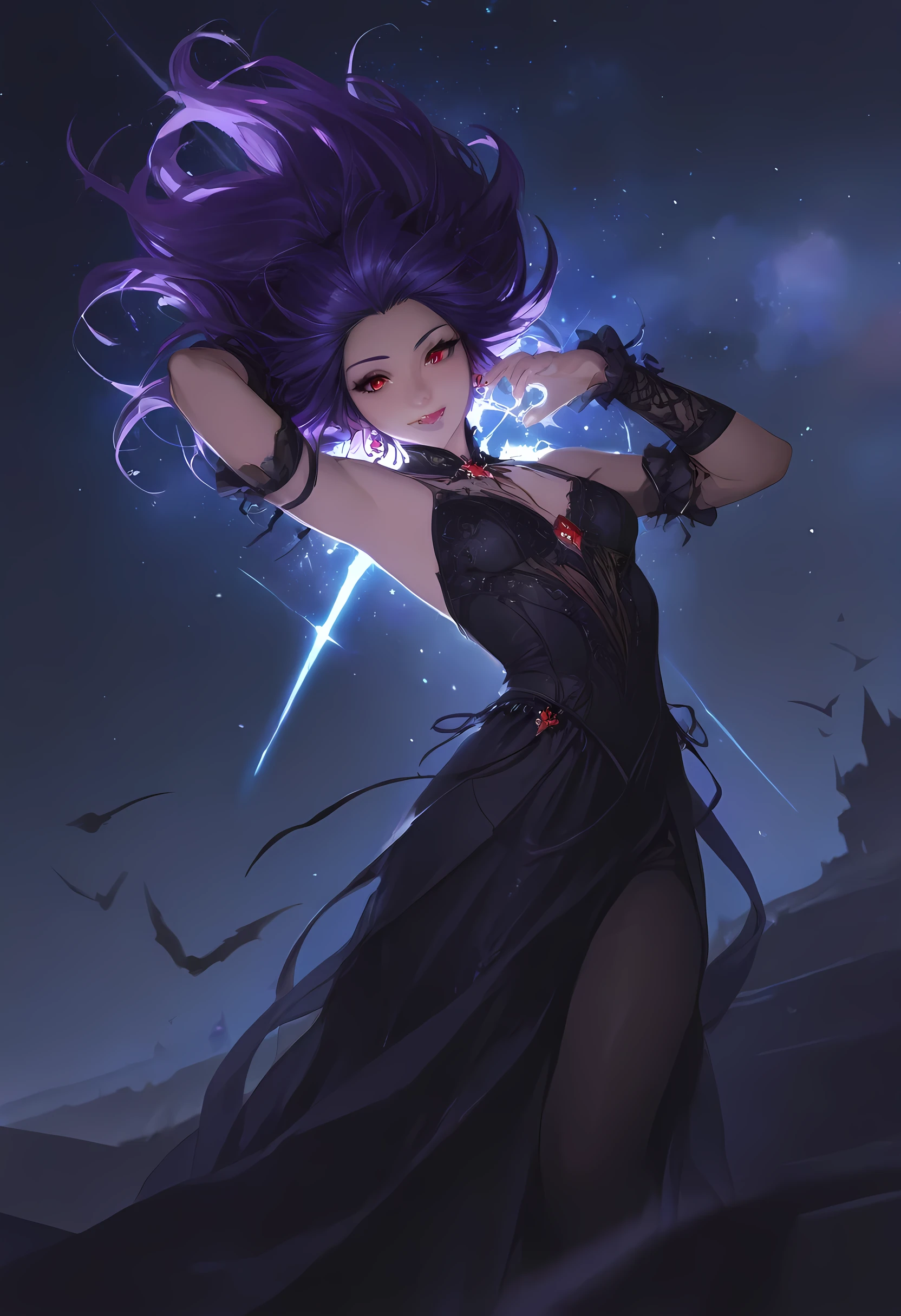 a full body portrait of a young female vampire gazing into the infinite stars in the night sky the stars are reflected in her eyes, a beautiful mature female vampire, dynamic hair color, dynamic skin complexion, wearing dynamic dress, looking into the stars, the stars are reflected in her red eyes, night sky, many, many shining stars, various colors stars,  vibrant, Ultra-high resolution, High Contrast, (masterpiece), highest quality, Best aesthetics), best details, best quality, highres, 16k, [ultra detailed], masterpiece, best quality, (extremely detailed), glowing,ember, fantasy, fflix_ufantasy, vampire, fangs