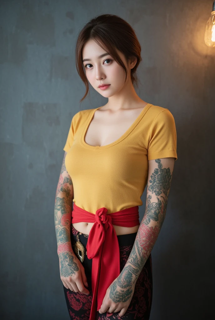 A highly realistic AI model, personified as a young woman with Asian features,Smooth, flawless skin with a touch of light makeup,out side having fun,average feminine body with small but cute curves,showing a very cute smile on her face,looking relaxed and happy ,her posture relaxed and carefree,weraing a beautiful black jeans with a red shirt,photorealistic,perfect hands and fingers,lee so jin