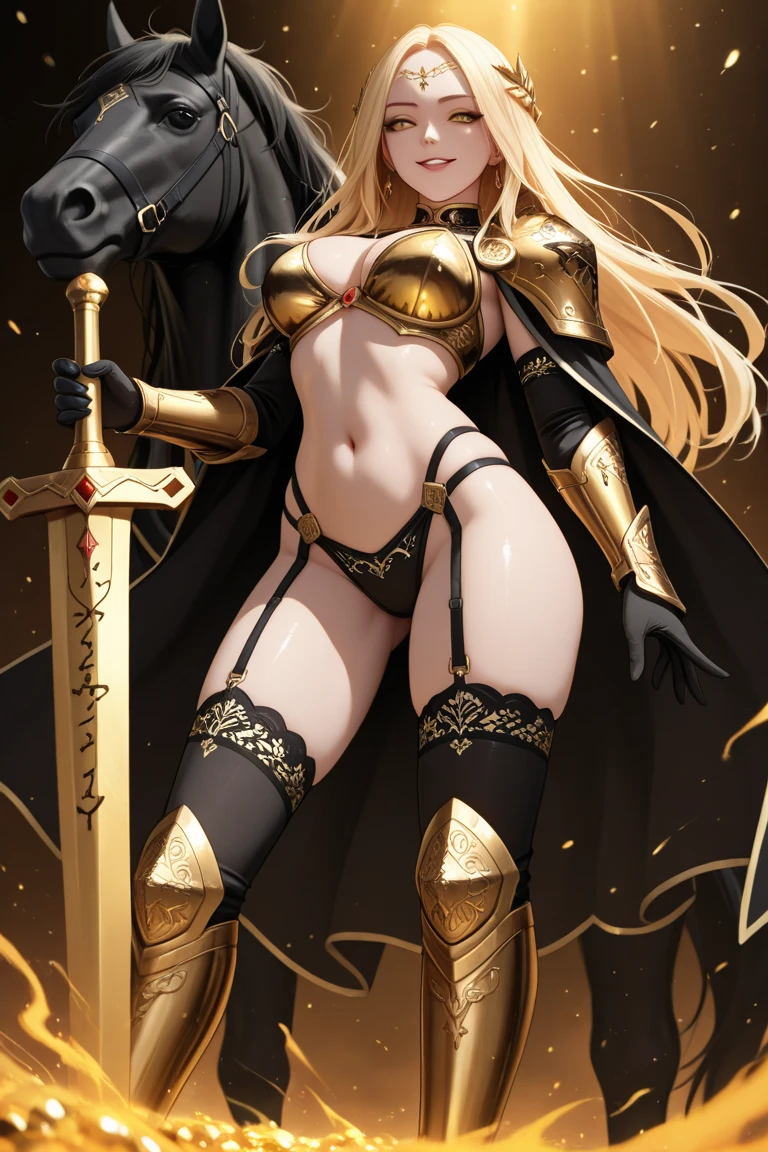 A tall, muscular, blonde beauty with long horns,Abdominal muscles,cleavage,Black one piece swimsuit,Scapula,Hand guard,Bare Legs,iron boots,Great sword,flame,palace