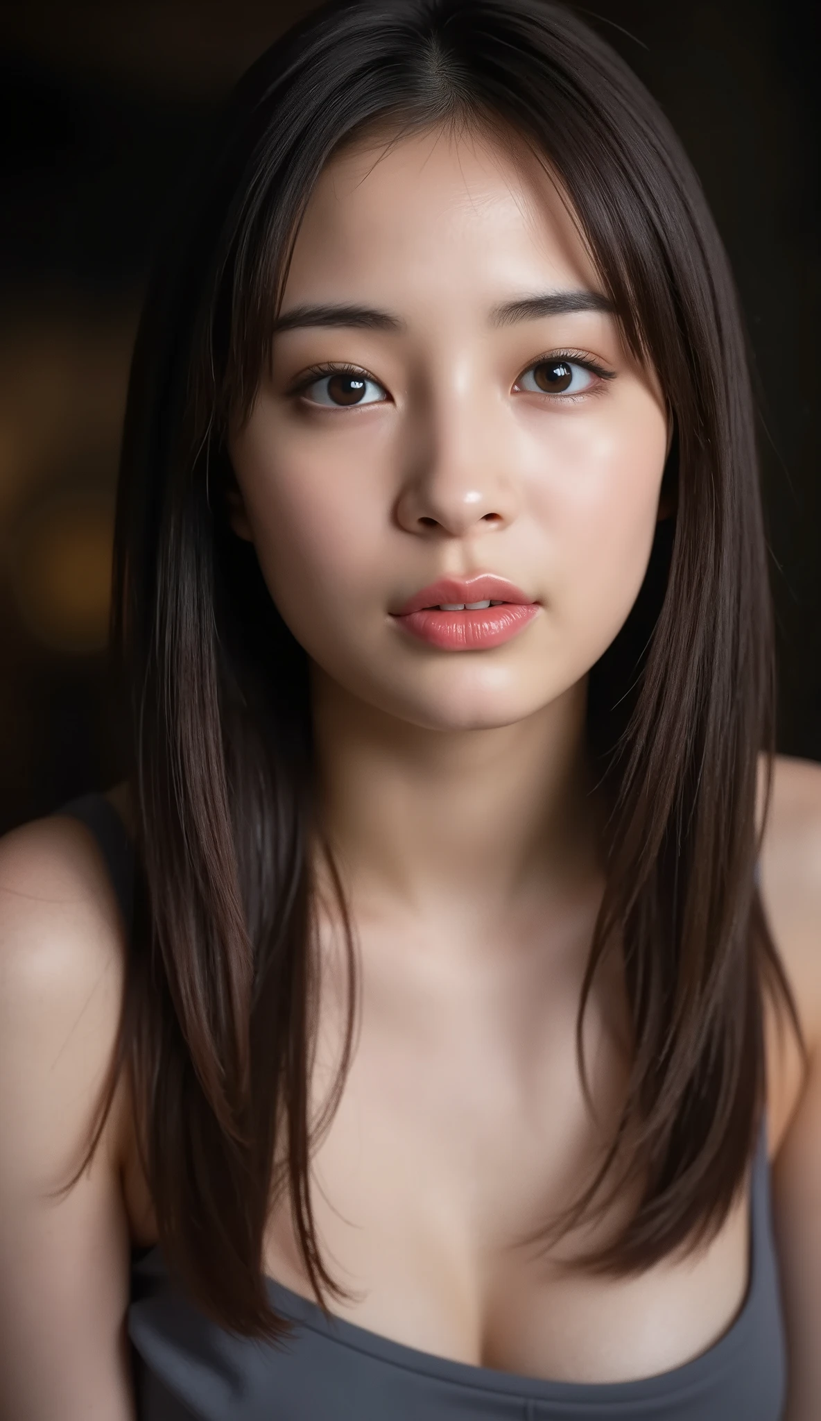 one beautiful woman、 masterpiece, accurate, nsfw, Super Detail, advanced details, high quality, Award-winning, best quality, 16k, perfect anatomy, (( front view, upper body)), Ultra High Resolution Hair , brown hair, long hair, realistic textured skin, slim face, flabby lips, , ( nudes:1.3), black background,(((A seductive look、A seductive look、A seductive look、 the climax of ecstasy 、 the climax of ecstasy 、 the climax of ecstasy ))), full body, (full Nude), (Real Nipples), (Real pussy:1.3)