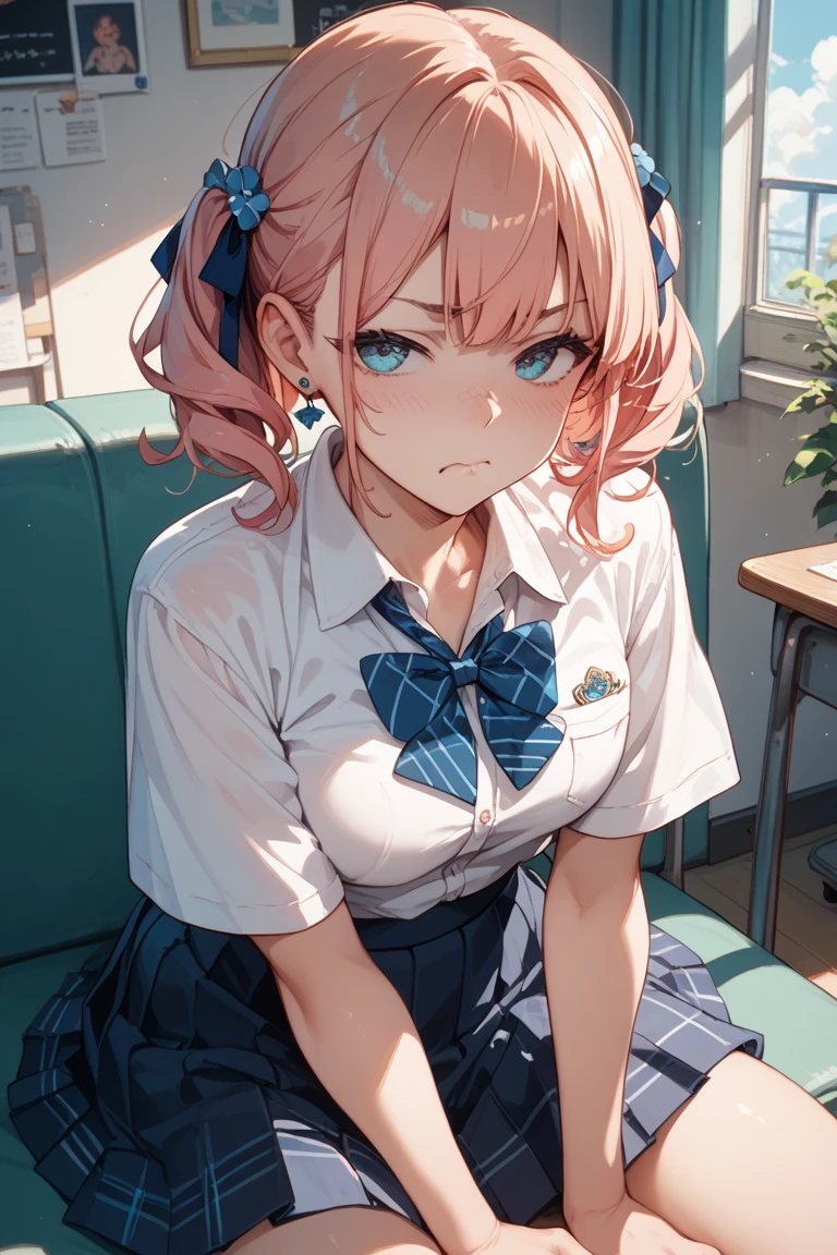 pink eye, pink hair,
BREAK (otonokizaka , pleated skirt, , short sleeves, skirt, summer uniform, sweater vest, yellow sweater vest,:1.2)
BREAK  sitting in an office chair, on a desk,
BREAK (masterpiece:1.2), best quality, high resolution, unity 8k wallpaper, (illustration:0.8), (beautiful detailed eyes:1.6), extremely detailed face, perfect lighting, extremely detailed CG, (perfect hands, perfect anatomy),