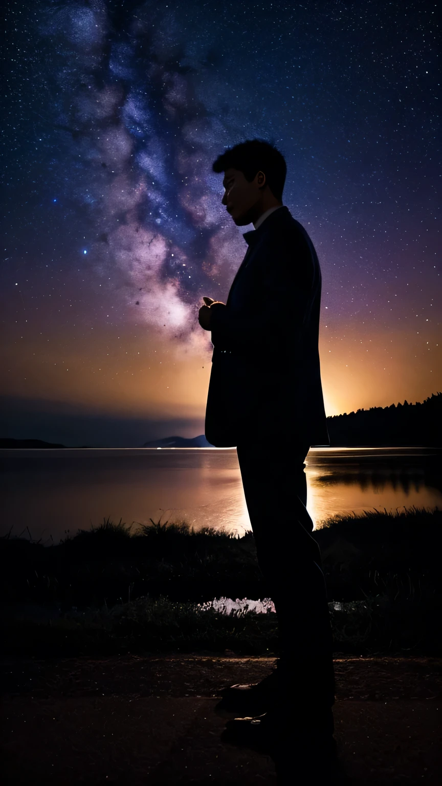 man standing alone under a starry sky。fantastic night sky based on purple and blue、quiet and emotional expression。pensive attitude、sad atmosphere of a man lost in love。Vertical(9:16)composition、soft light and blurry background。