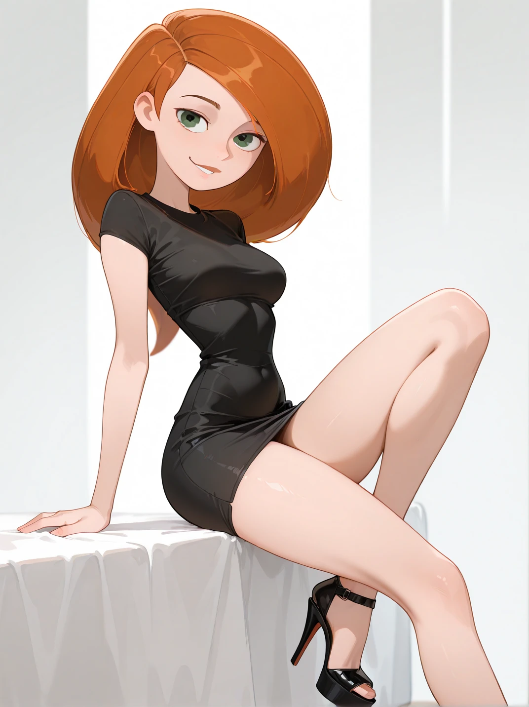 ((High Quality image 10k)) (( perfect autonomy)) Masterpiece, solo girl, brown eyes, red hair, wearing sleeveless black shirt, naked Bottom, pussy focus, sexy legs, evil smug grin, barefoot, Standing, in the park