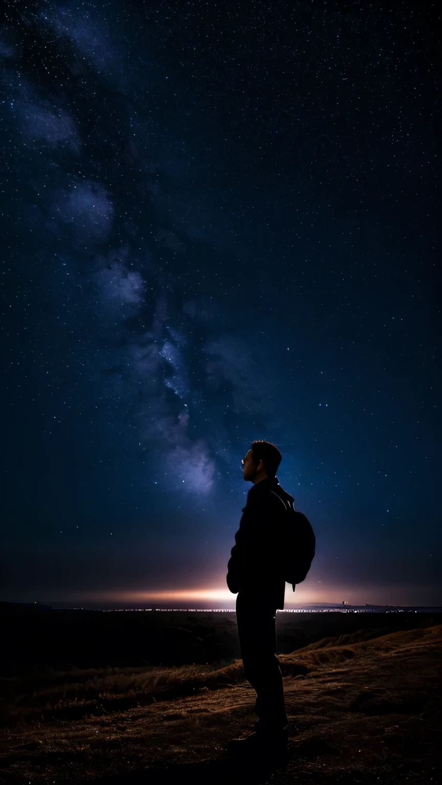 man standing alone under a starry sky。fantastic night sky based on purple and blue、quiet and emotional expression。pensive attitude、sad atmosphere of a man lost in love。Vertical（9:16）composition、soft light and blurry background。
