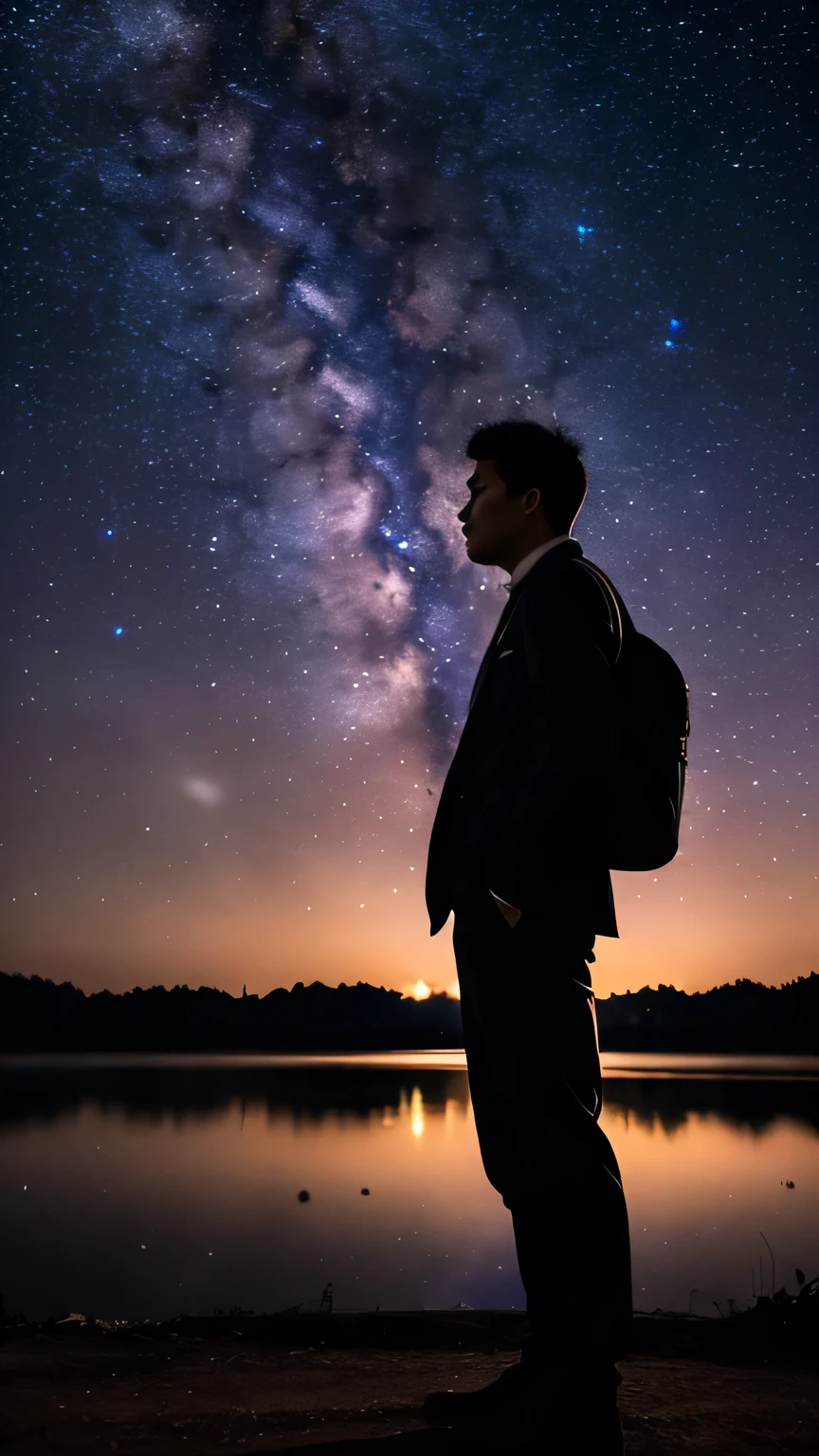 man standing alone under a starry sky。fantastic night sky based on purple and blue、quiet and emotional expression。pensive attitude、sad atmosphere of a man lost in love。Vertical(9:16)composition、soft light and blurry background。