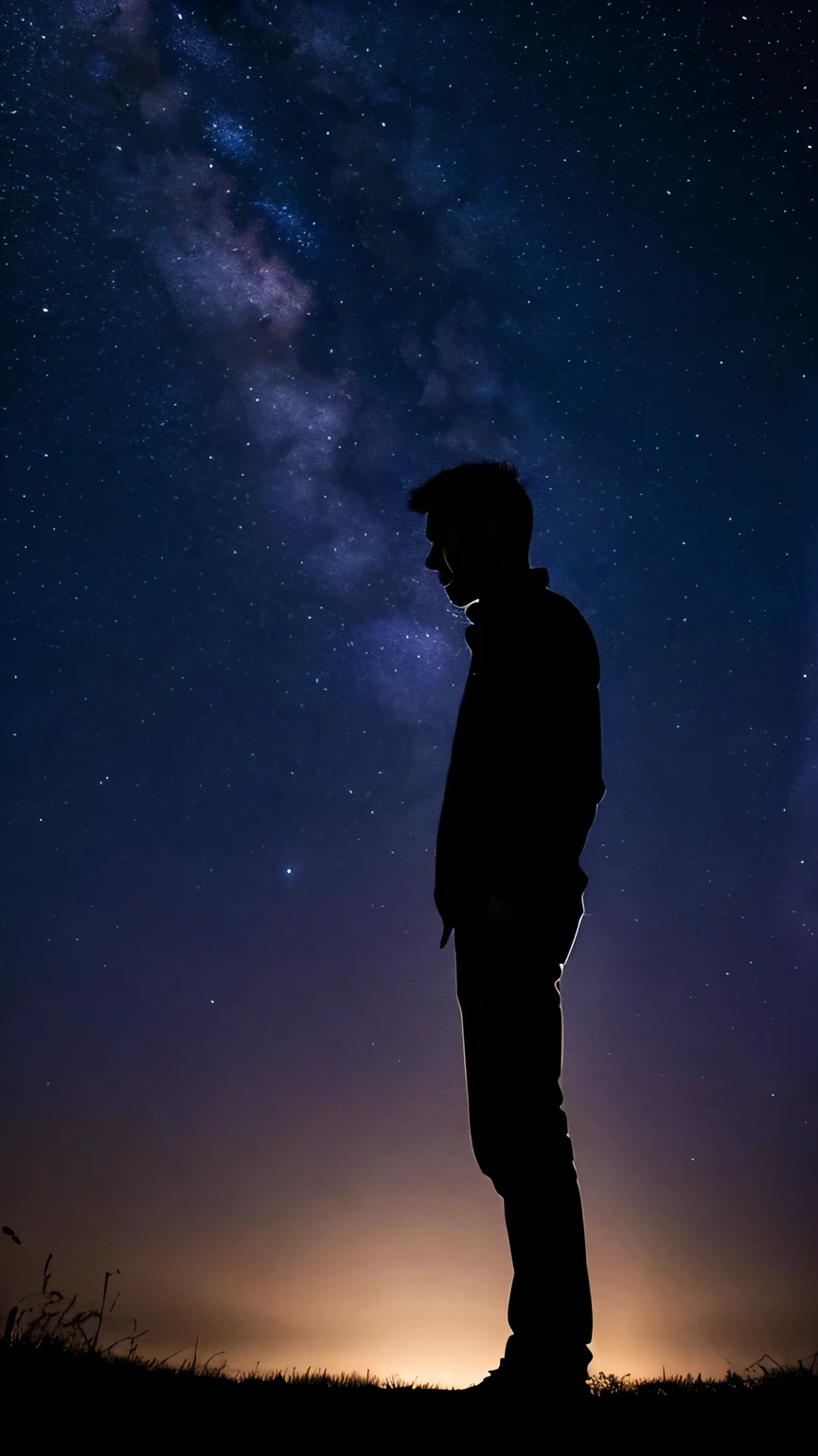man standing alone under a starry sky。fantastic night sky based on purple and blue、quiet and emotional expression。pensive attitude、sad atmosphere of a man lost in love。Vertical(9:16)composition、soft light and blurry background。