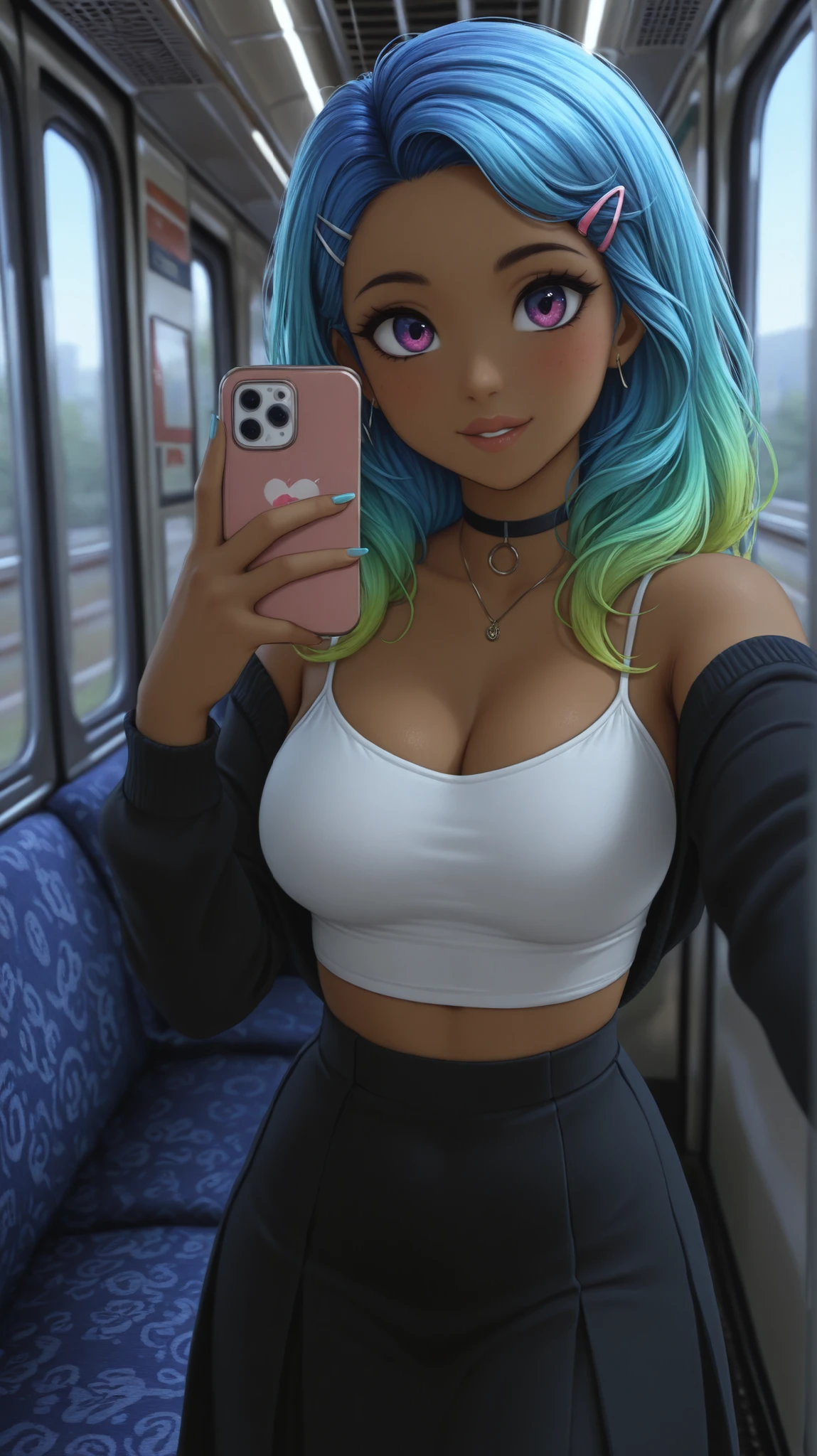 female, vibrant hair, gal, high detail, 4k, real skin, hair clips, wearing a fancy neck chocker, on the train, wearing something slutty, selfie,