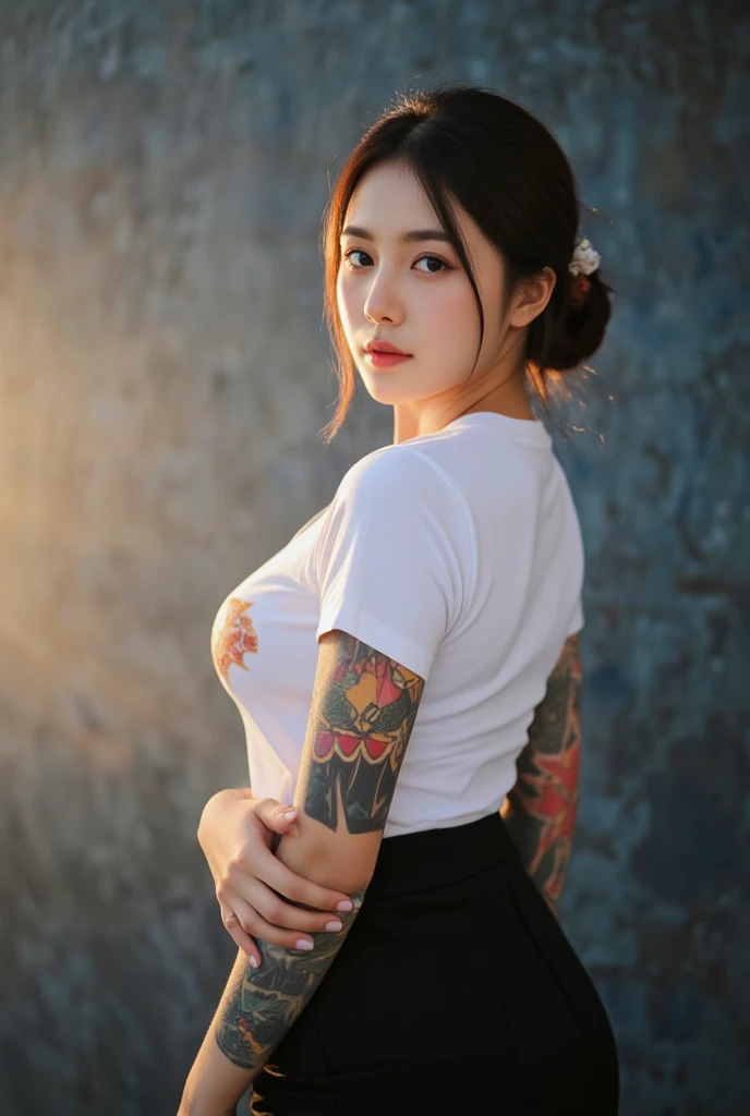 UHD 16k best quality portrait of an attractive single Asian girl, medium-sized breasts, (anatomically correct, finely detailed features, perfect body, perfectly flawless skin, super-detailed intricate dragon tattoos), (award winning), ((best quality)), masterpiece, detailed, edgy, (dramatic, confident, mirrorless, ultra-wide angle, sunset, lifestyle editorial, black and white, high, backlit)