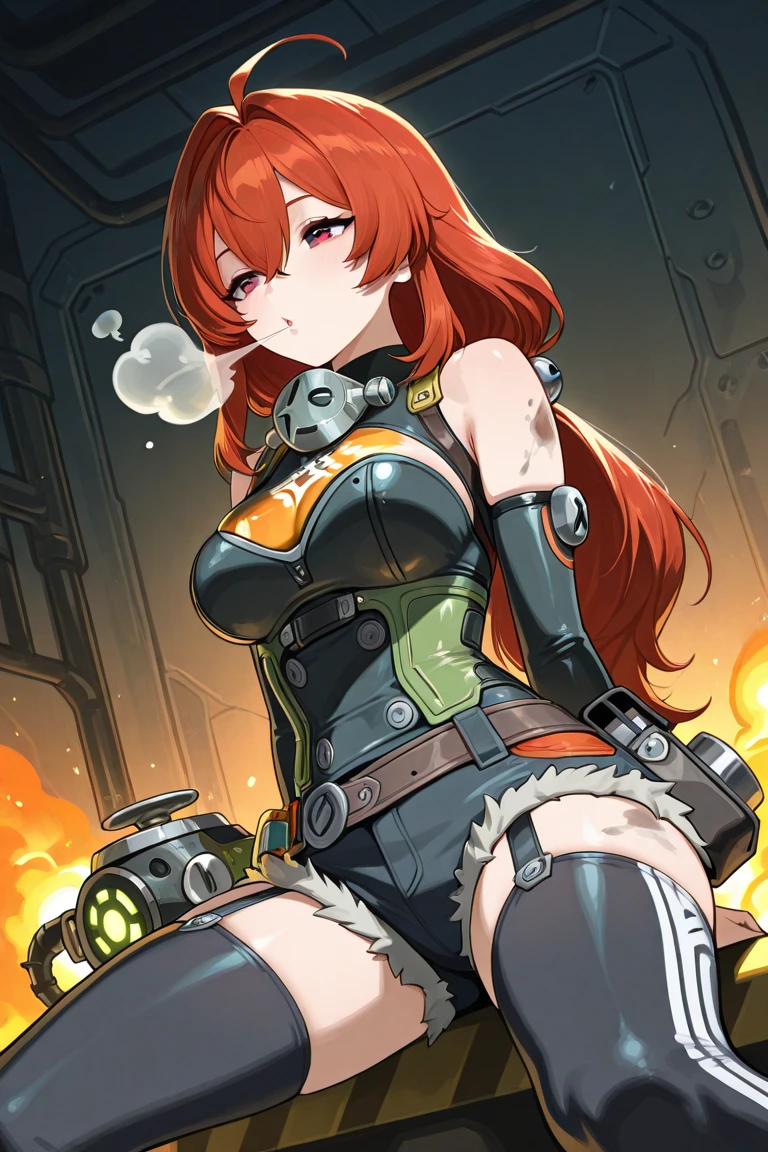 Girl, short red hair, circle above her head, pointed ears, tight red dress that covers her entire body, TV in her stomach, big breasts.