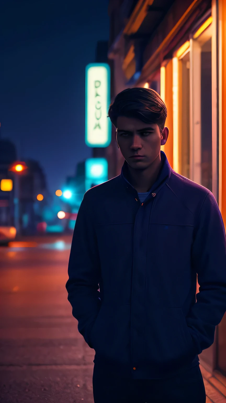 A realistic-style illustration of a young man standing alone in a quiet corner of a city at night.  
He looks tired and thoughtful, with a slightly downcast expression.  
Soft neon lights in purple and navy tones illuminate the scene.  
Cinematic composition, photo-realistic texture, vertical 9:16 aspect ratio.  
The atmosphere reflects romantic loneliness or emotional fatigue.

