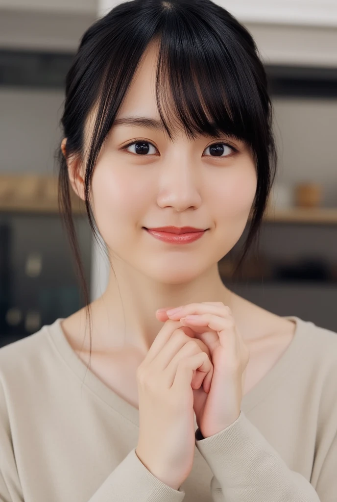 close-up portrait of a young Japanese woman, 20 years old, shoulder length, Linear , dark brown hair with a gentle fringe.
Neutral facial expression, she is looking directly at the can that she is holding in her hand.
Fair skin, 軽いnatureメイク, soft, Warm-colored, light pink lipstick.
She is in a plain , light beige or cream color, The long-sleeved shirt is gently held with both hands, placed in front of her.
背景はsoft, blurry calm, dark grey and dark brown tones, recommended for indoor use, perhaps a dimly lit cafe. the composition is centered around the woman, draws viewers' attention to her face and can. soft, diffuse lighting is seen, There are no strong shadows . subtle realistic style, calm and serene mood; close-up perspective. nature, almost candid style. the overall mood is calm and introspective.