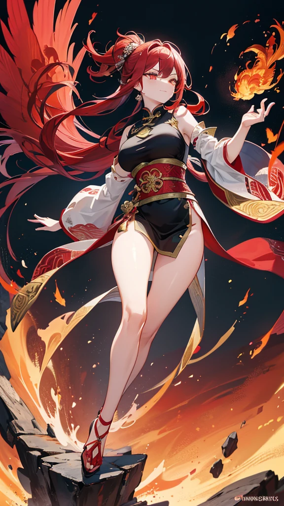 A beautiful woman, ((( xianxia, red color aura, red robe))), ((perfect body figure, beautiful face, beautiful face, milf, age 46, royal, red color hair, ponytail hair style, beautiful skin, Extremely details hair, fine details)), (((cinematic lighting, beautiful lighting effect, creative design, full body frame, divine aura, hard harmony , shining light, perfect color transition, perfect balance of contrast, perfect color layer, perfectly smooth color blur, soft rendering, smooth color stroke, sun glare, optic lens, light ray, soft colors, smooth colors blend, perfect color rendering, harmony, perfect color harmony, beautiful color, soft harmony, light particles, perfect details, intricate details, color prism, fine details, refine details))), Tachibana Omina art style, affectionate eyes, half a smile, slightly open mouth, a gentle expression on his face, top of mountain, breeze and moonlight in the background, butterflies in the sky, realism, ((Best quality))),8k,((Masterpiece)),(Extremely refined and beautiful)