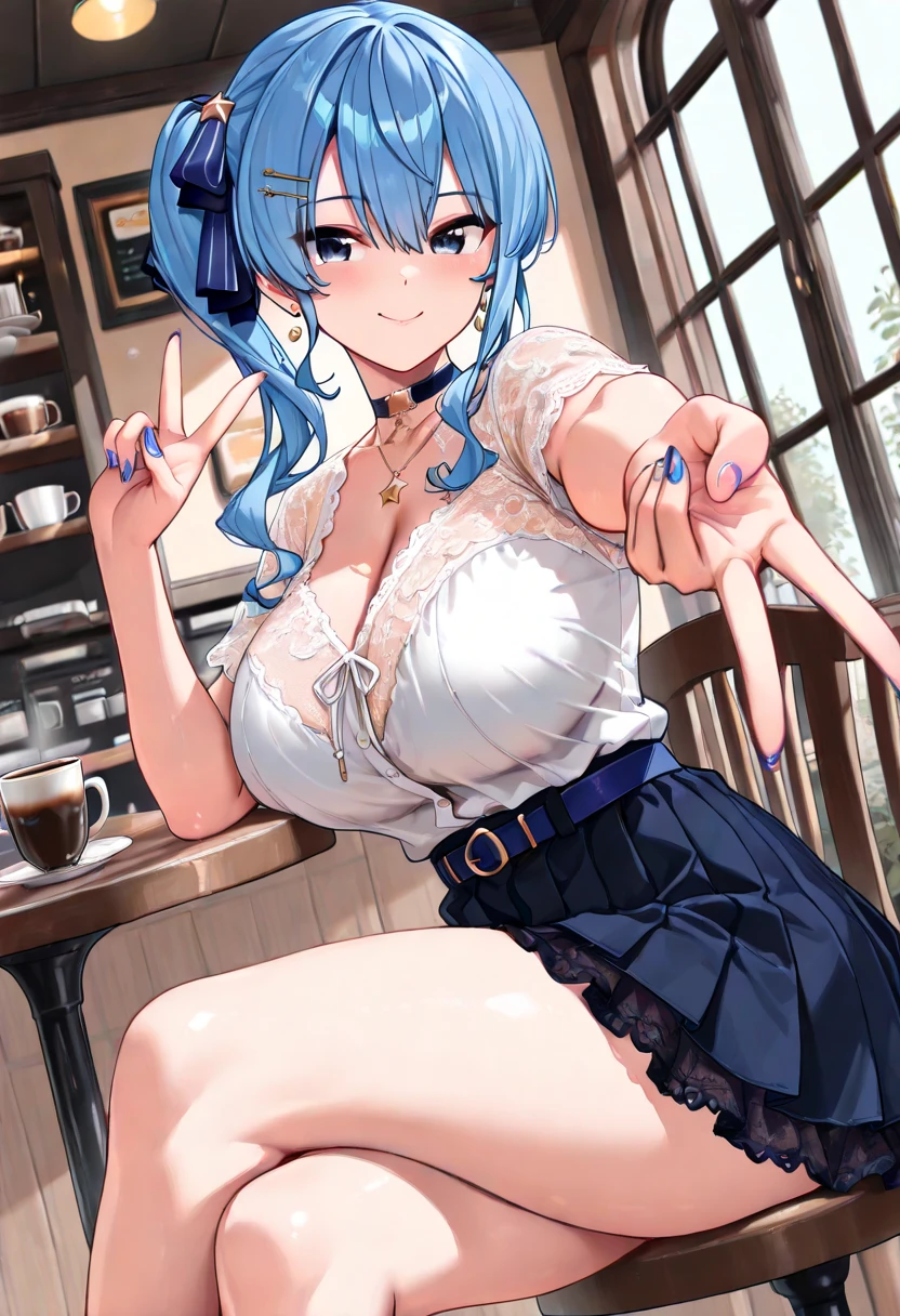Night time,(Masterpiece), Best Quality, ultra-detailed, 1girl (rinko_iori, Slender and sexy body, big and pretty breasts, dark blue hair, long wave hair, blue eyes, half-closed eyes), evil face, smirk ,parted lips, mascara, full makeup, red lipstick, hookerchic, facing viewer, looking at viewer, solo, shirts, cleavage, red lace bra, bows, pleats skirt, red skirt, ultra mini skirt, losse socks, in the livingroom, standing, , Frontal Shots ,