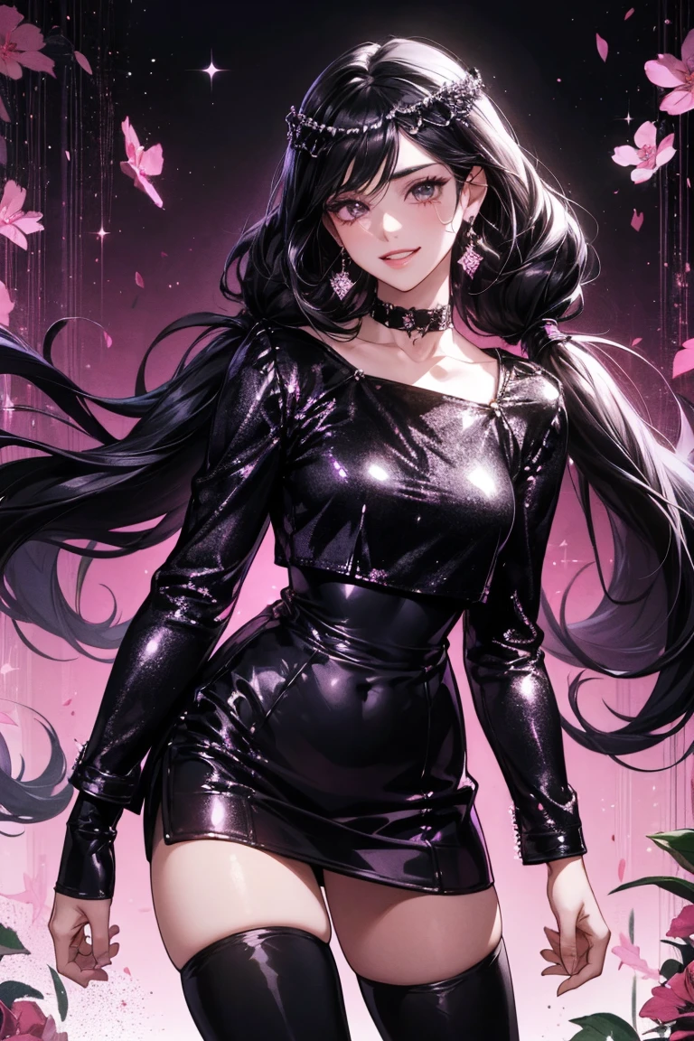 8K, High resolution、1 detailed beautiful face、(Detailed eyes)(smile:1.5)、(Black and red gradient color:1.2)(Long Hair)、Cat ear、Angle from waist up、 sharp gaze、Smile、(He is wearing an all-black ninja outfit.:1.5)、Dark blue or dark red。Carrying a thin, sharp weapon such as a sword or dagger、(The background to the action is quiet and solemn.)。(At night, its figure sparkles in the moonlight.)、(With a confident look),(Index finger over mouth:1.6)