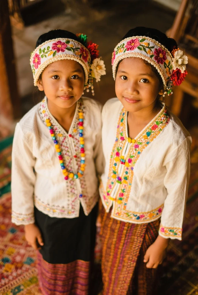 Generate an image of two young hilltribe girls from northern Thailand, sitting together on a traditional wooden bench, surrounded by lush green foliage and vibrant flowers. One girl is wearing a colorful embroidered blouse and a traditional silver necklace, while the other girl has a bright pink scarf wrapped around her head and a basket of fresh fruit on her lap. Both girls have warm, gentle smiles and are looking directly at the viewer. Incorporate