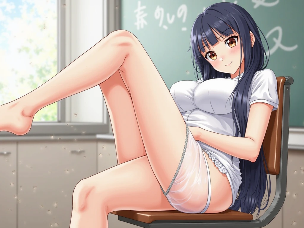 Hayase Nagatoro, White unbuttoned shirt, blue pleated skirt, clear open-toe high heels, red nails 