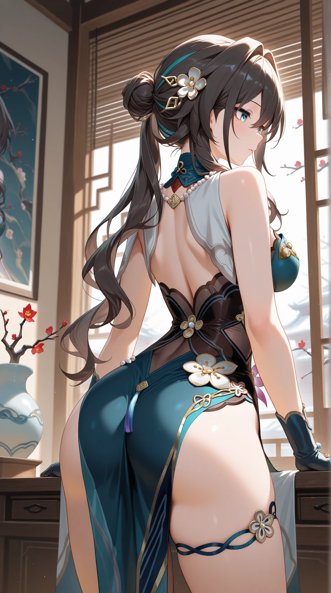 ((SuperiorQuality, 8K, tmasterpiece: 1.5)), Pubic area is clear: 1.2, Perfect body beauty: 1.4, Sexy Tang Dynasty costumes,choker necklace,Bracelet,wetted skin, Clear liquid splashed on the body, Crawling kneeling position,Ass pouted,back stance,Ancient bed,Film texture,Shooting angle,Lower right corner