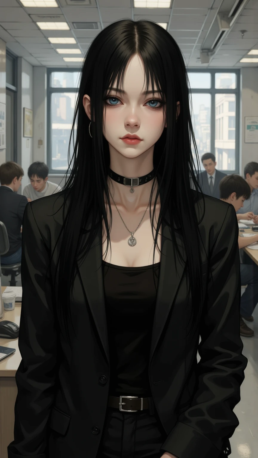 ((zPDXL3)), ( point數 _9), ( point數 _8_up, point數 _7_up), knava, L0LSPLH, 2024, 2023, Western Studio , sixmorevodka , g0thicPXL,Real Movie Style,point_9,得point_8_rise,得point_7_rise,得point_6_rise,
a woman,Soro
Very Long Black Hair,側point,Very Straight Hair,big eyes,long eyelashes, Chubby 的嘴唇,thin,cute,young people,thin削, Chubby ,peaceful,water blue eyes,Race:Morin Elves,Punjabi,Elvish,( dark skin :1.5)
rest。
Handsome Black Suit,(cleavage:1.1)
background:Busy Office
Body Shooting,Handheld