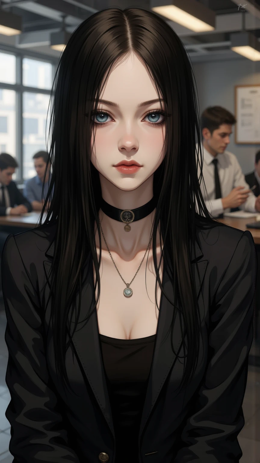 ((zPDXL3)), ( point數 _9), ( point數 _8_up, point數 _7_up), knava, L0LSPLH, 2024, 2023, Western Studio , sixmorevodka , g0thicPXL,Real Movie Style,point_9,得point_8_rise,得point_7_rise,得point_6_rise,
a woman,Soro
Very Long Black Hair,側point,Very Straight Hair,big eyes,long eyelashes, Chubby 的嘴唇,thin,cute,young people,thin削, Chubby ,peaceful,water blue eyes,Race:Morin Elves,Punjabi,Elvish,( dark skin :1.5)
rest。
Handsome Black Suit,(cleavage:1.1)
background:Busy Office
Body Shooting,Handheld