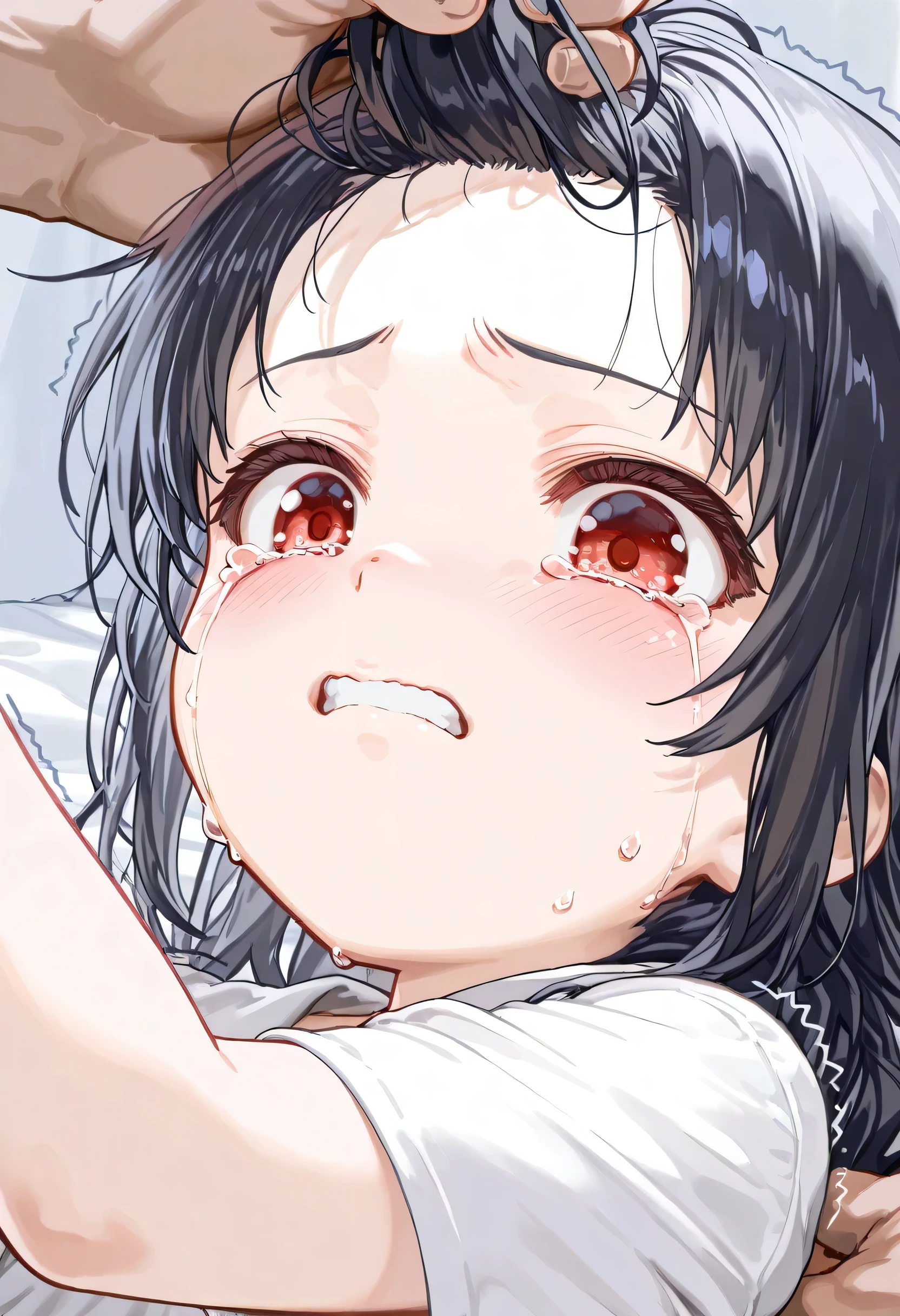 nsfw,pov,kneeling,1 girl,black hair,Tongue out,Androgynous,medium hair,sidelocks,Covered nipple,legs,masterpiece,best quality,very aesthetic,absurdres,upper body,straight-on,large,Covered,Smile,(upturned_eyes),From above,cum in Tongue,Ahegao,attractive,(Bukkake:1.5),(happy),(Steam:1.3),(Open Mouth:1.3),(Gym Uniform),(White shirt),(heart:1.3),(trembling),(Text Background),(face)