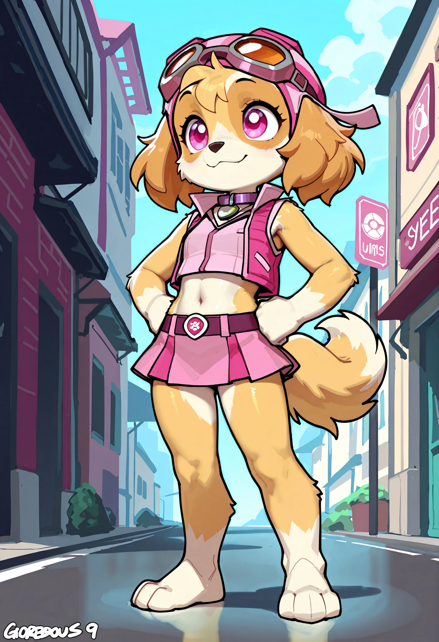 Skye, dog, young, furry female, anthro, body fur, small breasts, ((goggles, pink pilot hat, Skye collar, pink top, midriff, pink mini skirt)), detailed body fur, detailed face, detailed eyes, glistering body, shiny body, gorgeous body, masterpiece, full body, feets with three toes, 3 toes, standing, :3, athletic body, looking at you, street city, clear sky, hands on hips,