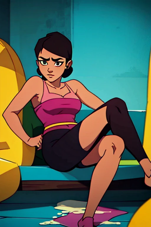 NSFW, highres,cartoon, 1girl, indoors, bar, room light, looking away, high heels, no clothes, nude, pubic hair, sitting, spreading legs, sexy pose