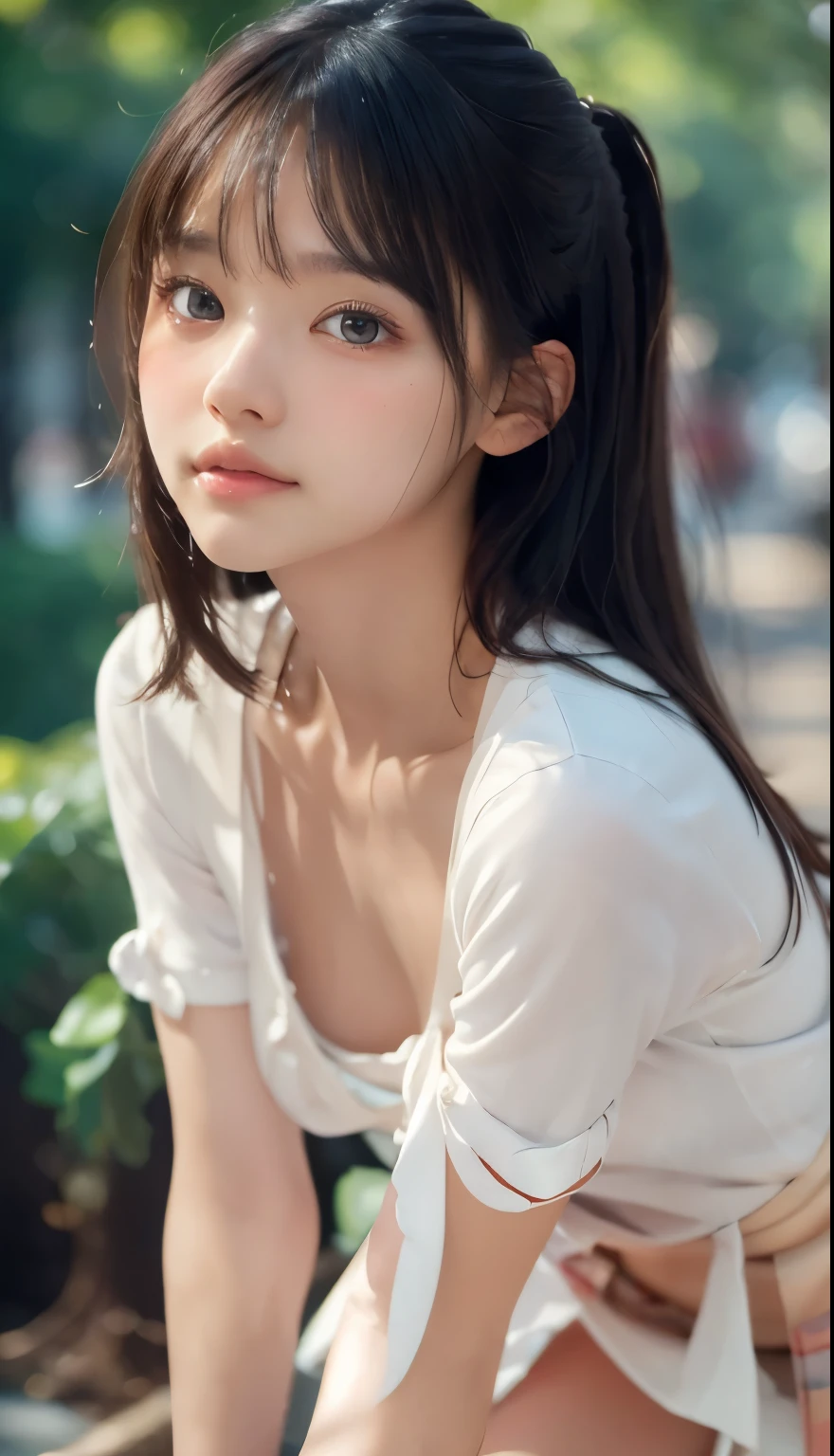 20 years old woman, long hair, Calm tone, subdued colors, (Natural skin texture, hyperrealism, Soft light, edgy), White T-shirt, JINS