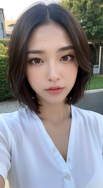 Close up of woman in t-shirt posing for photo, Middle metaverse, 奈良美智, Japanese Models, Beautiful Asian Girl, With short hair, 2 4 years old female model, 4 k ], 4K], 2 7 years old, sakimichan, sakimichan
